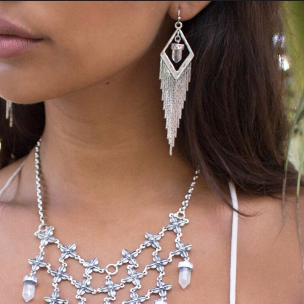 Mystical Crystal Chain Dangle Ant. Silver Earrings